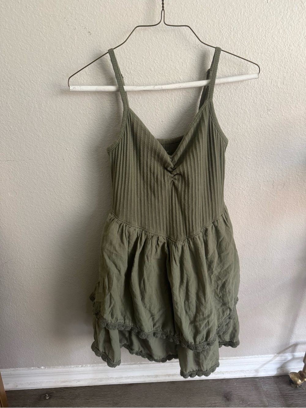 aerie Olive Ribbed V-Neck Tiered Mini Dress